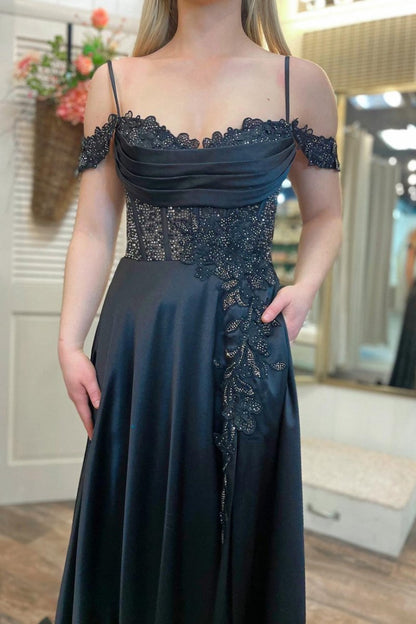 Cold-Shoulder Beaded A-line Formal Dresses with Slit