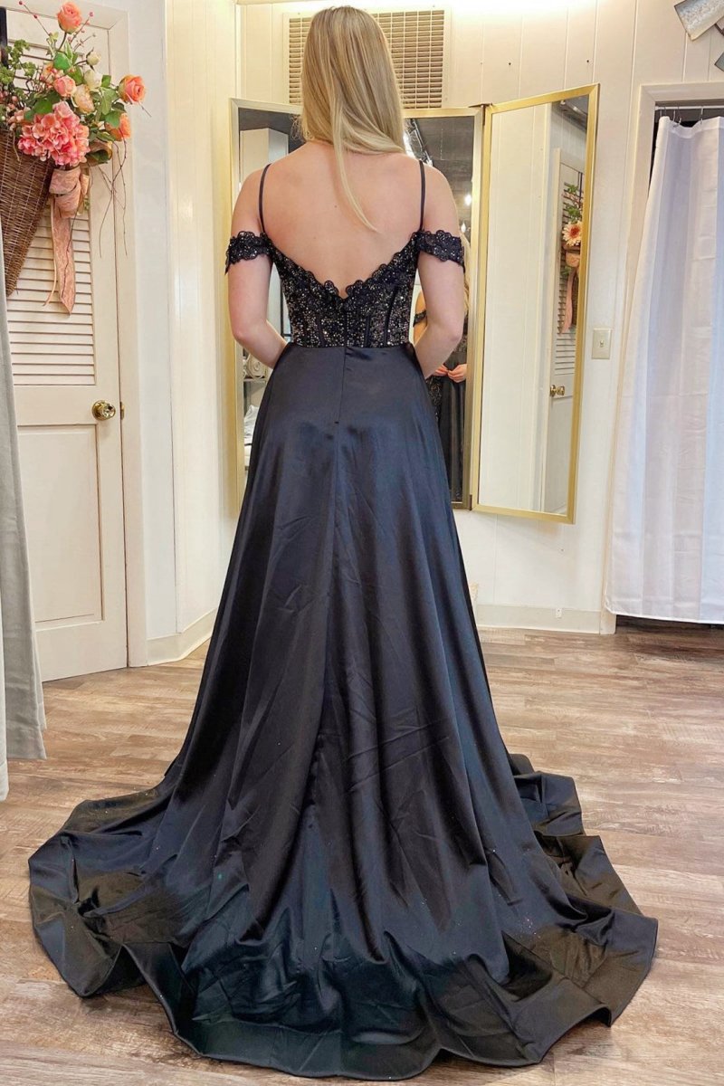 Cold-Shoulder Beaded A-line Formal Dresses with Slit