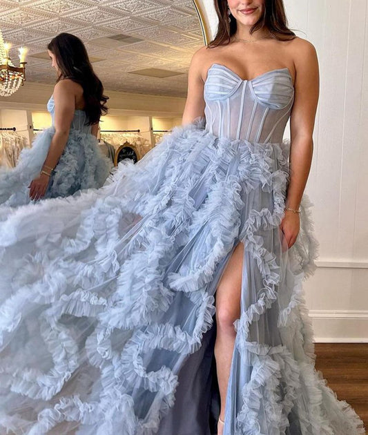 Strapless Ruffle Tulle A-line Long Prom Dresses with Slit