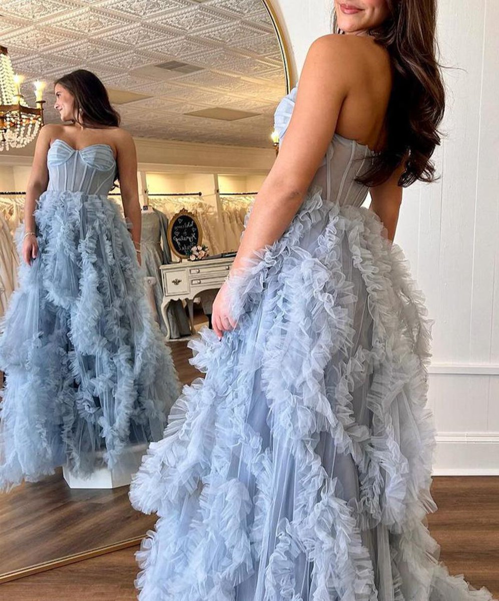 Strapless Ruffle Tulle A-line Long Prom Dresses with Slit