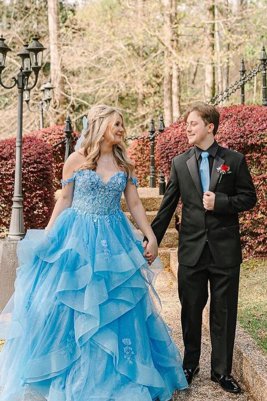 Off the Shoulder Ruffle Tie Tulle Long Prom Dresses with Appliques