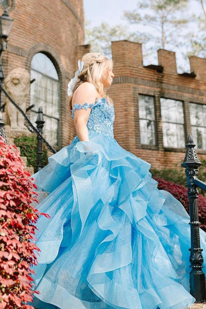 Off the Shoulder Ruffle Tie Tulle Long Prom Dresses with Appliques