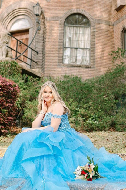 Off the Shoulder Ruffle Tie Tulle Long Prom Dresses with Appliques
