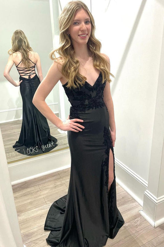 V Neck Satin Mermaid Long Prom Dresses with Slit