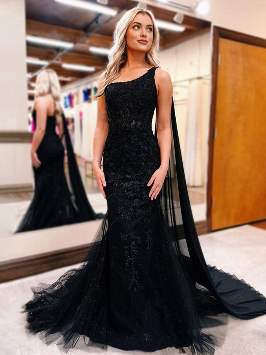 One Shoulder Appliques Mermaid Long Prom Dresses