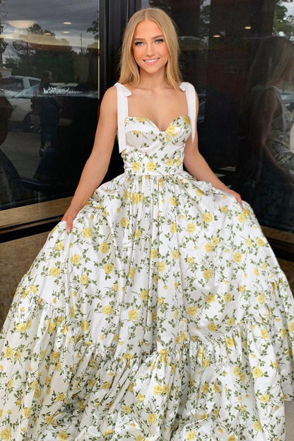 A-line Sweetheart Floral Printed Satin Long Prom Dresses