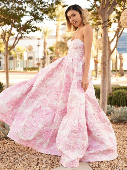 A-line Sweetheart Floral Printed Long Prom Dresses
