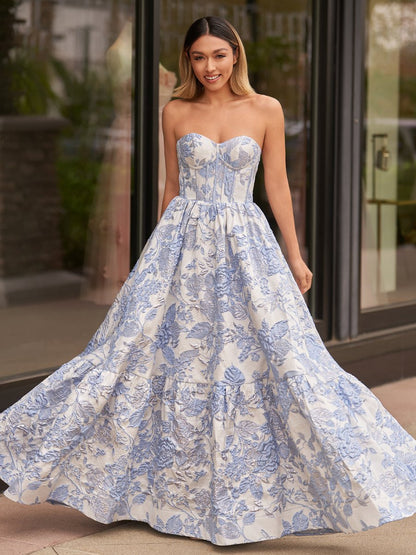 A-line Sweetheart Floral Printed Long Prom Dresses