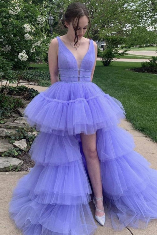 A-line High Low Deep V Neck Long Prom Dresses with Ruffles