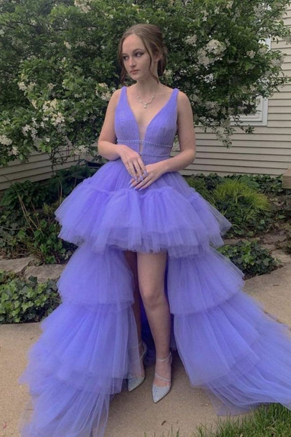 A-line High Low Deep V Neck Long Prom Dresses with Ruffles