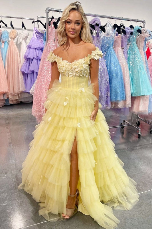 3D Floral Lace Off-the-Shoulder Ruffle Tie Prom Gown