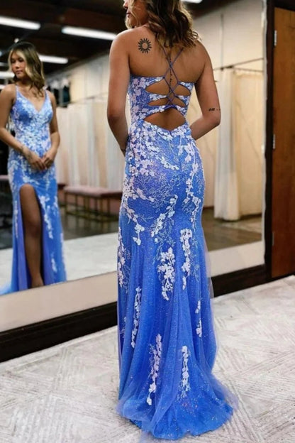 Glitter Mermaid Lace Long Prom Dresses with Slit