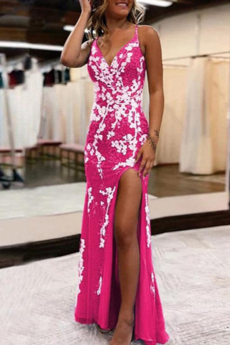 Glitter Mermaid Lace Long Prom Dresses with Slit