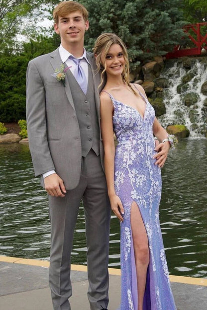 Glitter Mermaid Lace Long Prom Dresses with Slit