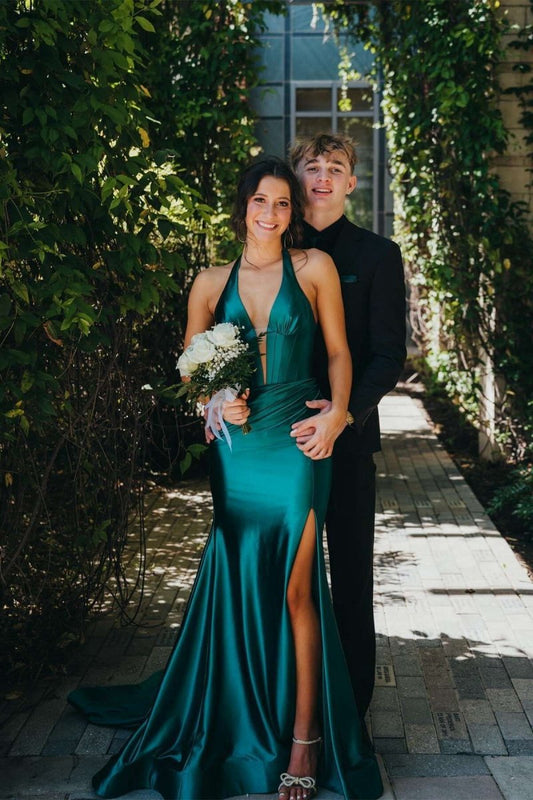 Navy Halter Corset Mermaid Plunging Deep V-neck Ruched Long Formal Dresses with Slit