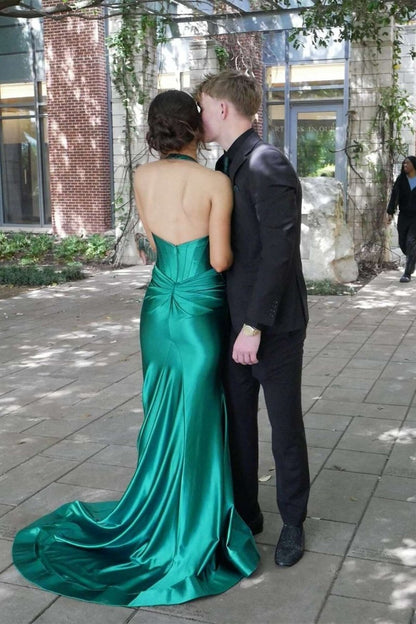 Navy Halter Corset Mermaid Plunging Deep V-neck Ruched Long Formal Dresses with Slit