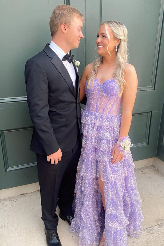 Glitter Tulle Corset Ruffle Tie Long Prom Dresses with Slit