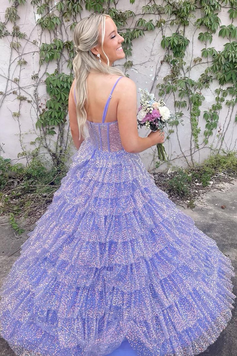 Glitter Tulle Corset Ruffle Tie Long Prom Dresses with Slit