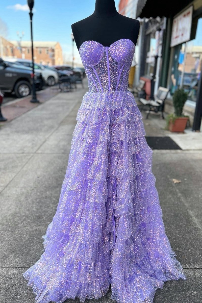 Glitter Tulle Corset Ruffle Tie Long Prom Dresses with Slit
