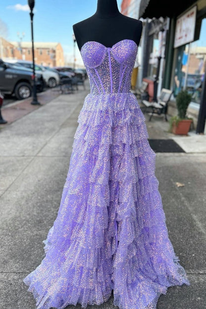 Glitter Tulle Corset Ruffle Tie Long Prom Dresses with Slit