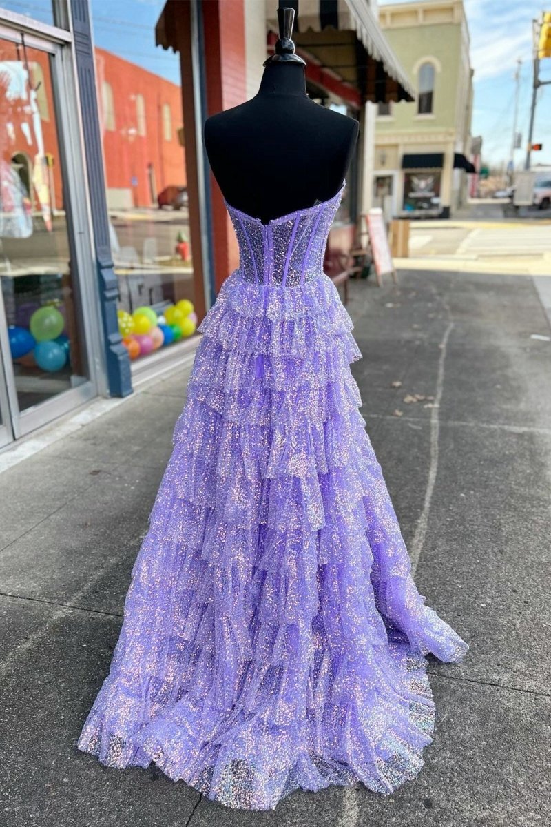 Glitter Tulle Corset Ruffle Tie Long Prom Dresses with Slit