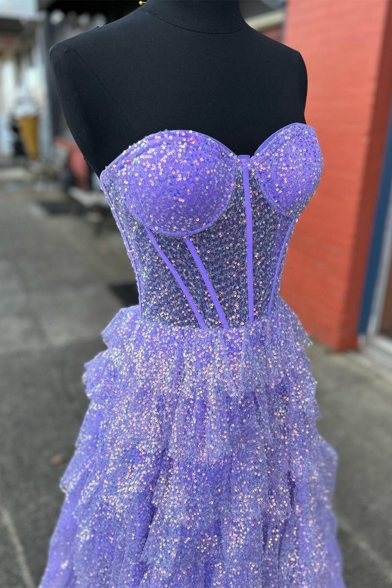 Glitter Tulle Corset Ruffle Tie Long Prom Dresses with Slit