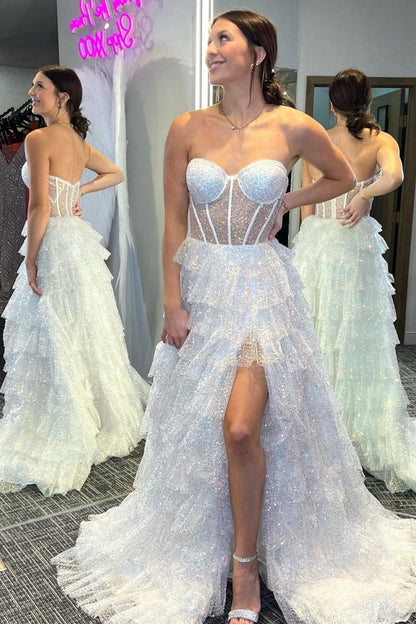 Glitter Tulle Corset Ruffle Tie Long Prom Dresses with Slit