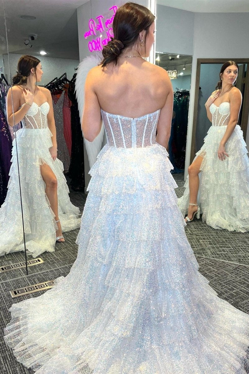 Glitter Tulle Corset Ruffle Tie Long Prom Dresses with Slit