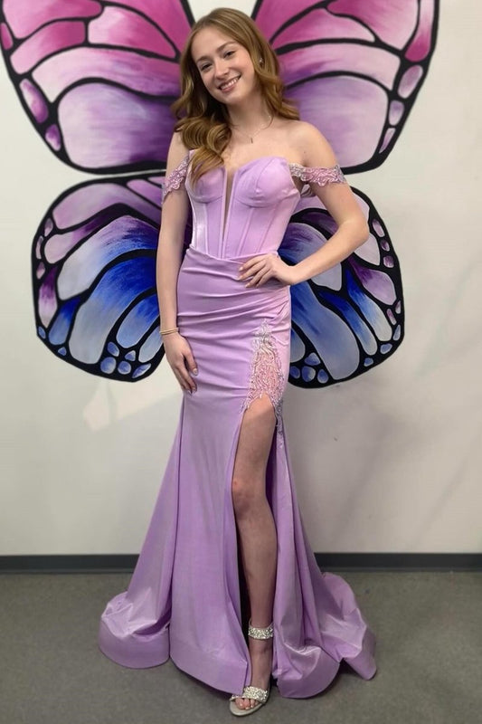 Off-the-Shoulder Lace-Up Trumpet Long Prom Dresses with Slit