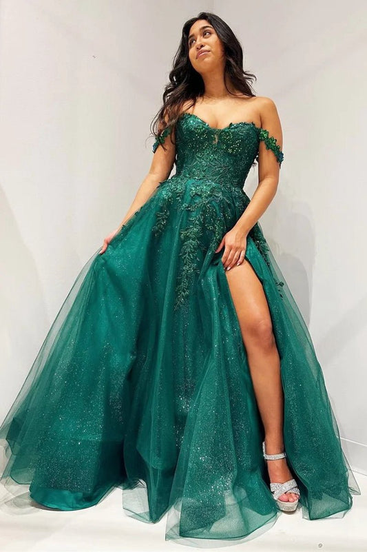 Glitter Emerald Appliques Off-the-Shoulder A-line Long Prom Dresses