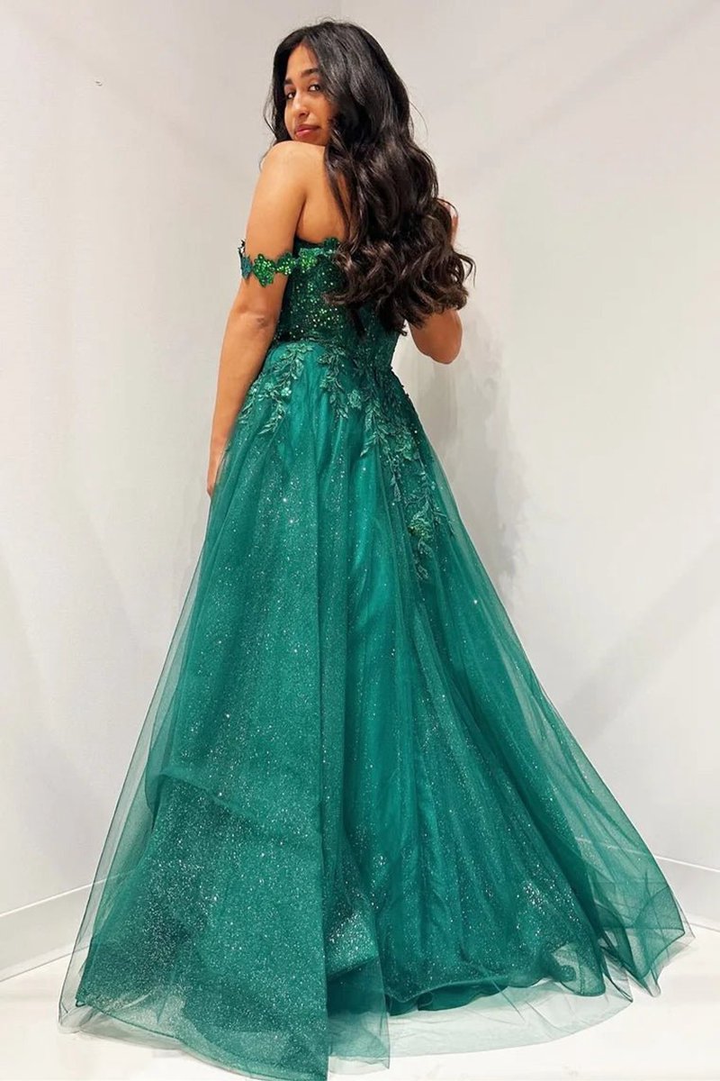 Glitter Emerald Appliques Off-the-Shoulder A-line Long Prom Dresses