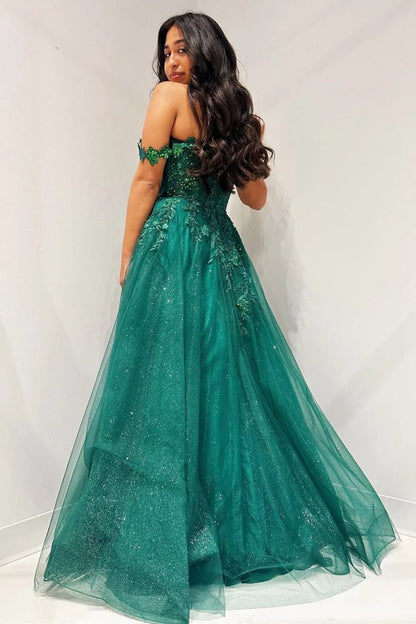 Glitter Emerald Appliques Off-the-Shoulder A-line Long Prom Dresses