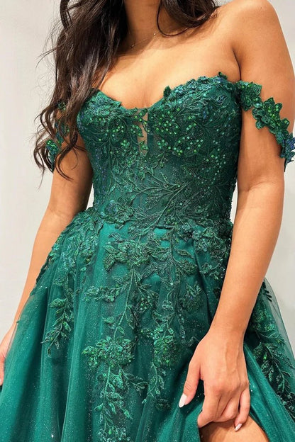 Glitter Emerald Appliques Off-the-Shoulder A-line Long Prom Dresses