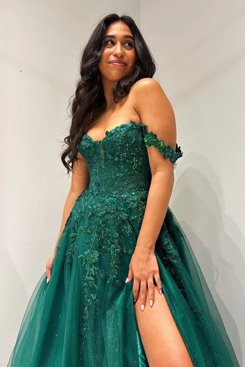 Glitter Emerald Appliques Off-the-Shoulder A-line Long Prom Dresses