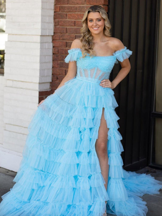 Off the Shoulder Ruffle Tie Tulle Long Prom Dresses with Slit