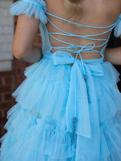 Off the Shoulder Ruffle Tie Tulle Long Prom Dresses with Slit