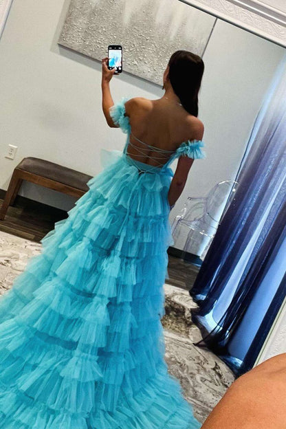 Off the Shoulder Ruffle Tie Tulle Long Prom Dresses with Slit
