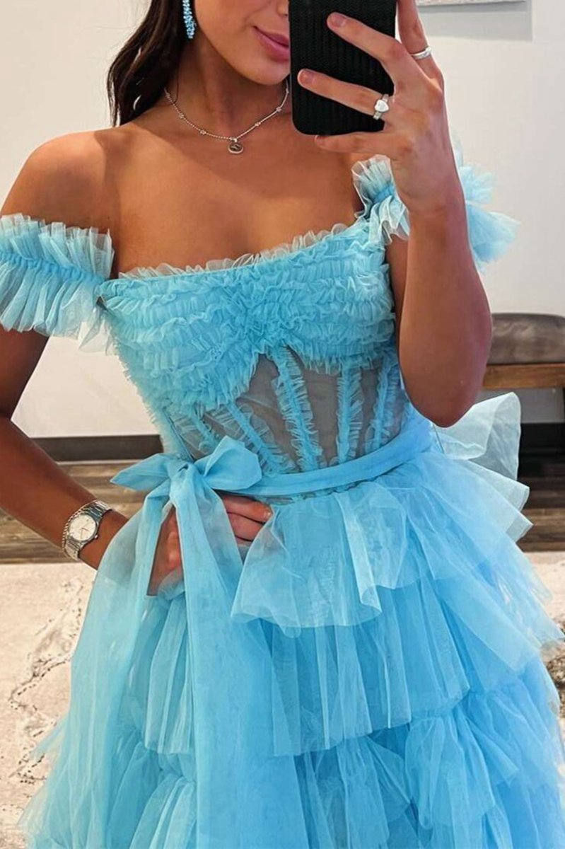 Off the Shoulder Ruffle Tie Tulle Long Prom Dresses with Slit