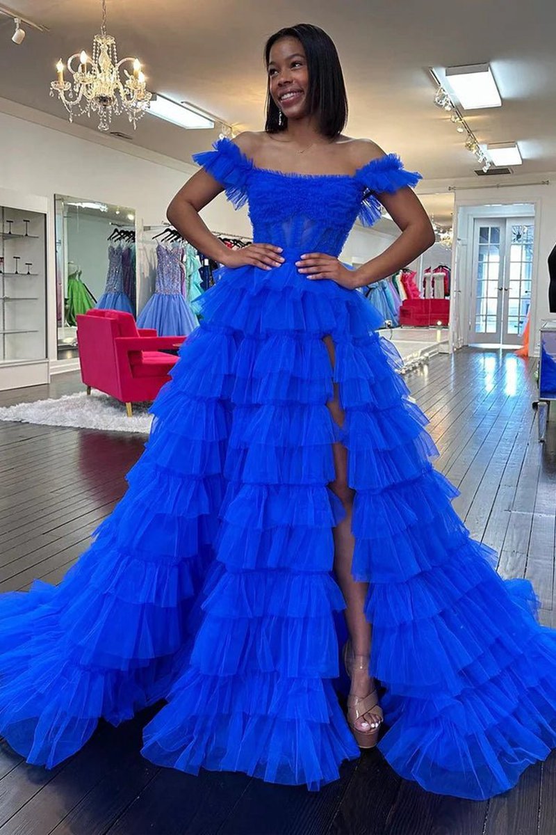Off the Shoulder Ruffle Tie Tulle Long Prom Dresses with Slit
