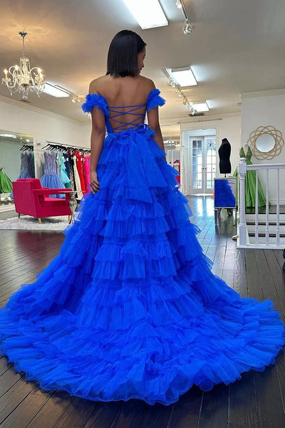 Off the Shoulder Ruffle Tie Tulle Long Prom Dresses with Slit