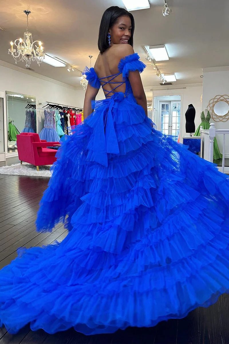 Off the Shoulder Ruffle Tie Tulle Long Prom Dresses with Slit