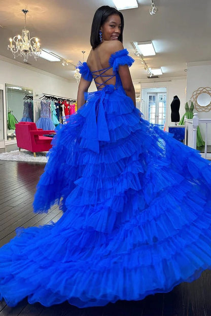 Off the Shoulder Ruffle Tie Tulle Long Prom Dresses with Slit