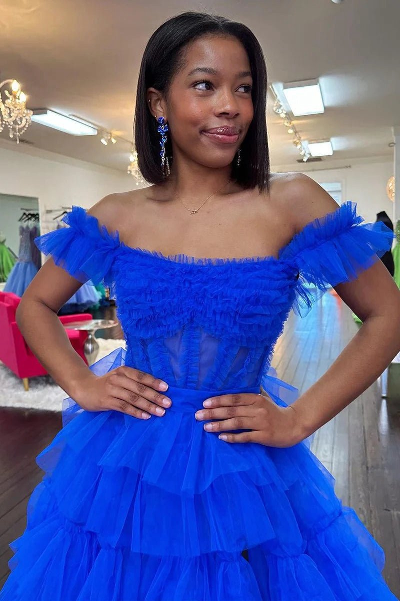 Off the Shoulder Ruffle Tie Tulle Long Prom Dresses with Slit