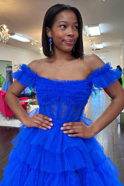 Off the Shoulder Ruffle Tie Tulle Long Prom Dresses with Slit
