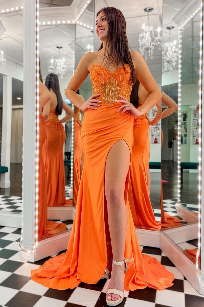 Strapless Beaded Long Prom Dresses with Slit