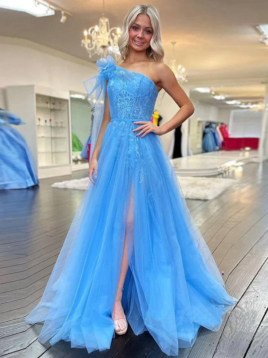 Cute A-line One Shoulder Tulle Prom Dresses with Appliques