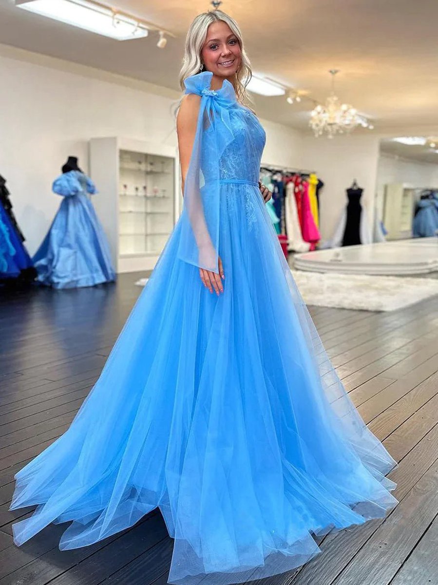 Cute A-line One Shoulder Tulle Prom Dresses with Appliques