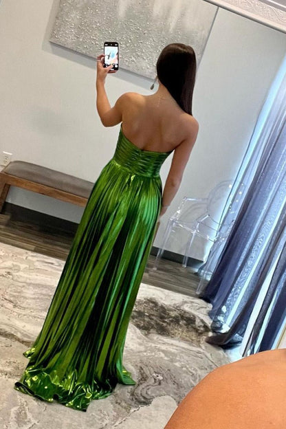Metallic Strapless Pleated A-line Long Prom Dresses