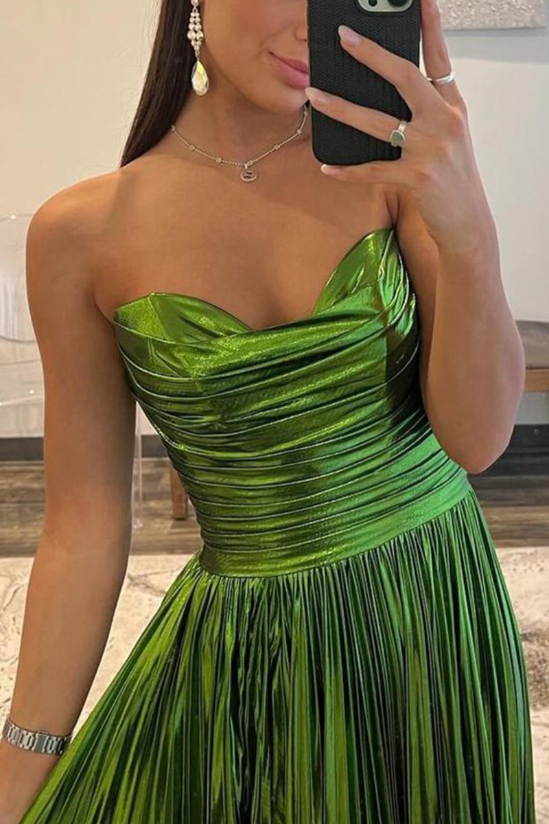 Metallic Strapless Pleated A-line Long Prom Dresses