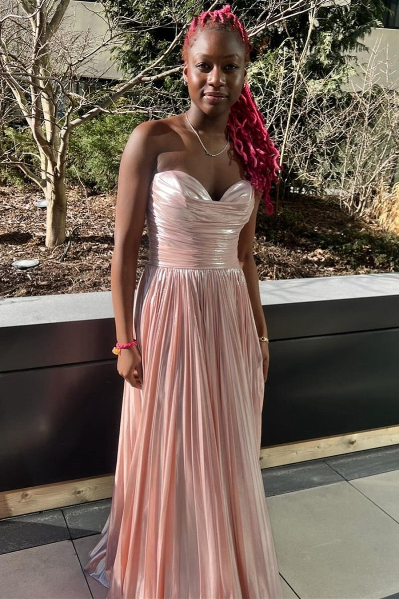 Metallic Strapless Pleated A-line Long Prom Dresses